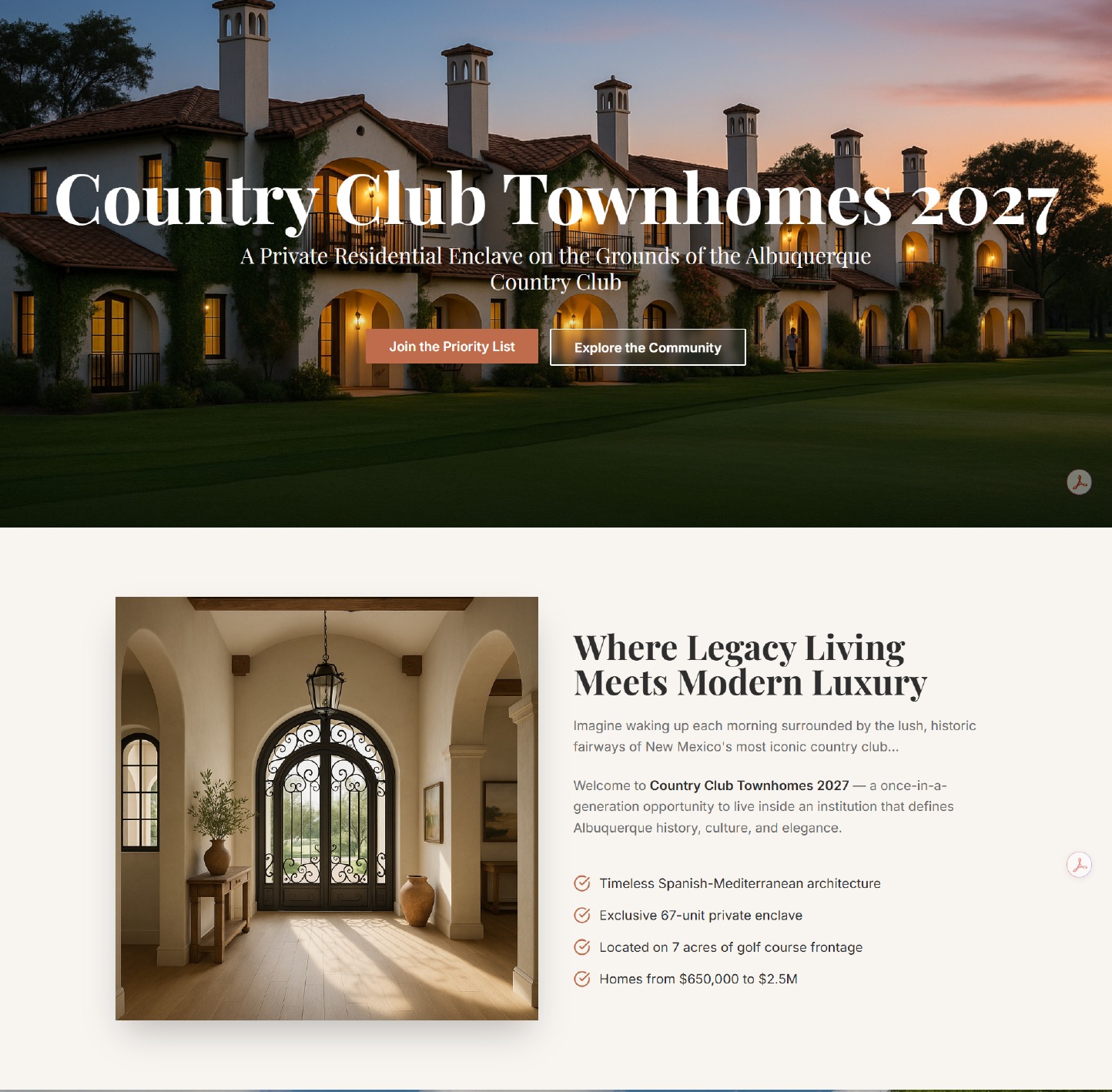 Country Club Townhomes 2027 landing page design preview