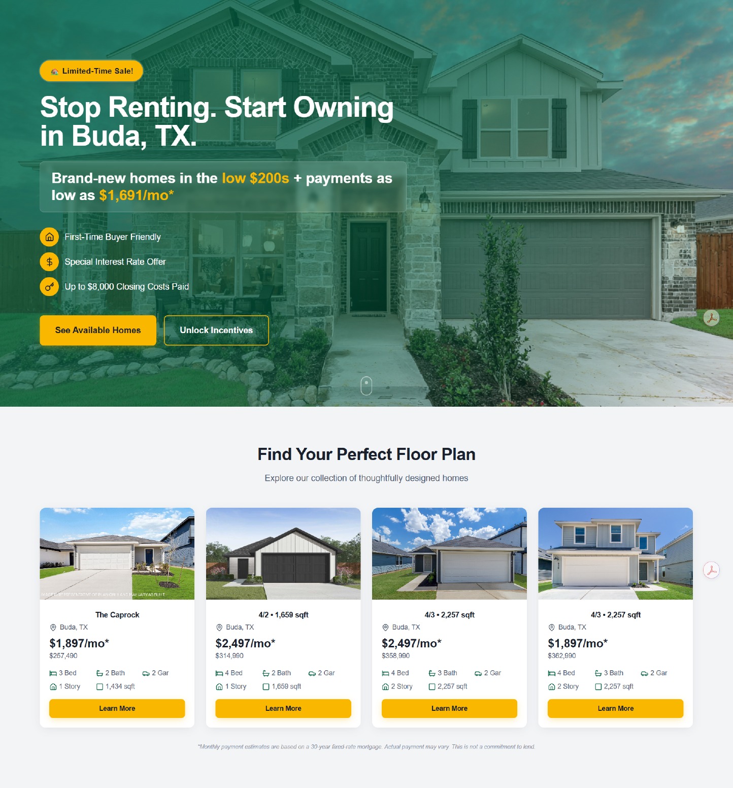 Buda New Homes landing page design preview